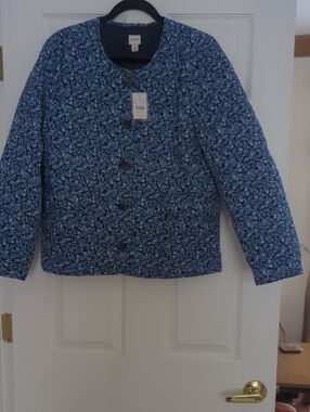 J. Crew Navy and White Quilted Floral Button Jacket